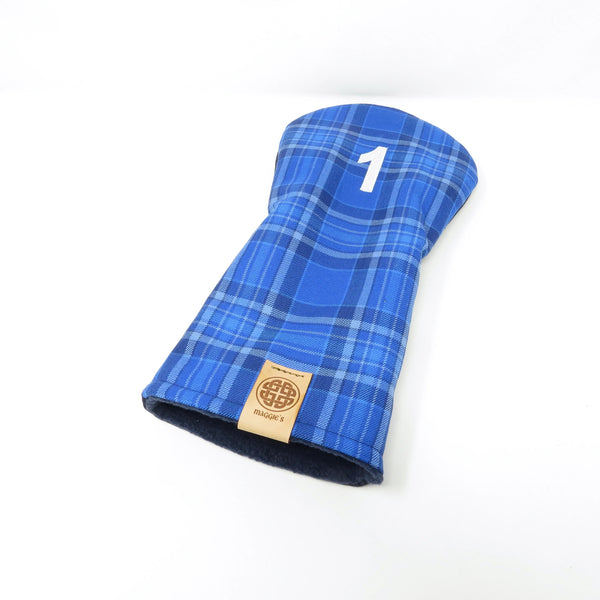 Blue plaid golf club head cover with white number 1 and denim back