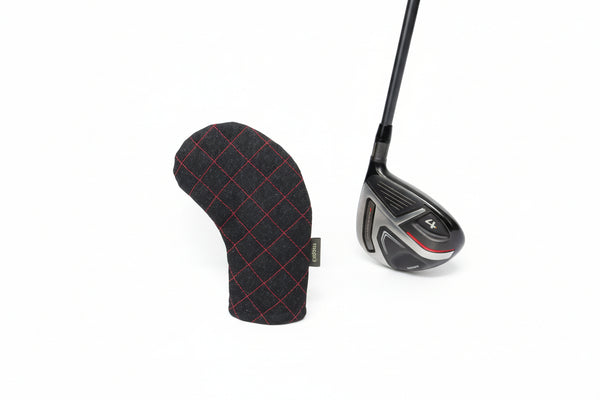 black hybrid golf club cover with red top stitching